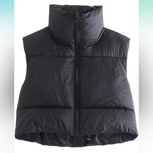 Womens Fashion High Neck Zipper Cropped Puffer Vest Jacket Coat Black Size Small